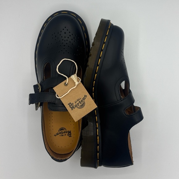 Dr. Martens Shoes - Dr. Martens Black Kids Mary Jane Shoes with Yellow Stitching